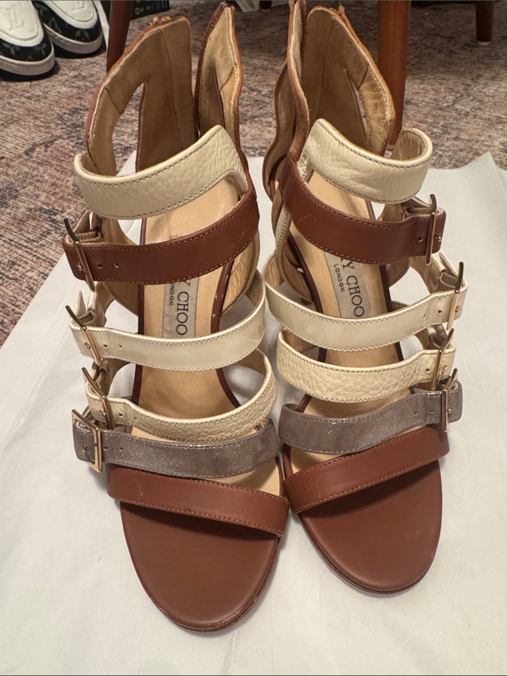 Jimmy Choo Brown, Cream & Taupe Multi-Strap High Heel Sandals